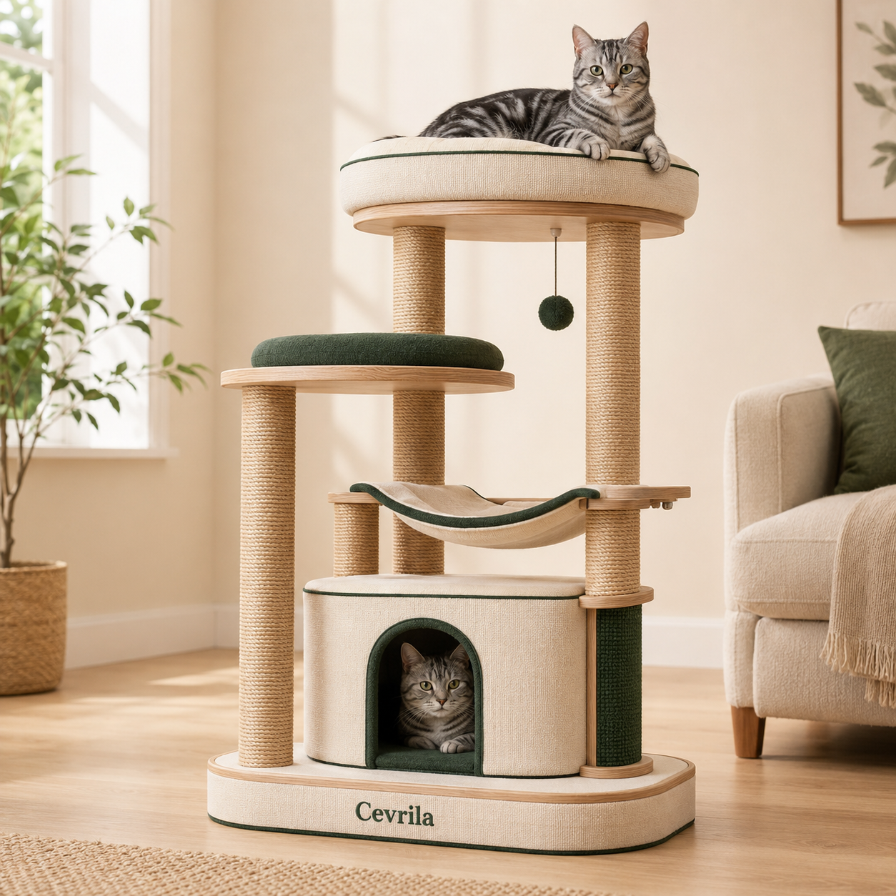 Cevrila® Multi-Level Cat Tree with Scratching Posts, Hammock & Cozy Hideaway